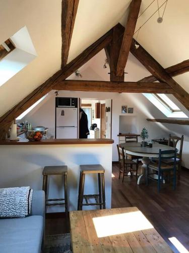 une cuisine et un salon avec une table et des chaises dans l'établissement Charming apartment in city center, à Dijon