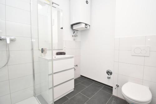 a white bathroom with a toilet and a shower at Ferienwohnung in Hard am Bodensee in Hard