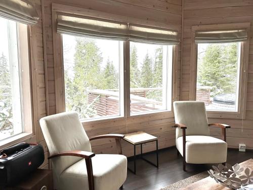 two chairs and a suitcase in a room with windows at Hietavilla Borealis in Ruka