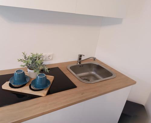 a kitchen counter with a sink and two blue mugs at Cozy Apartment with WIFI, Near University&Hospital in Augsburg