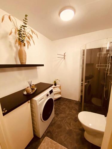 a bathroom with a washing machine and a toilet at Noah Longstay Skellefteå in Skellefteå