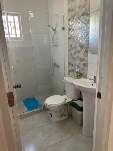 uma casa de banho com um WC, um chuveiro e um lavatório. em Apartamento Amueblado en Bonao em Bonao