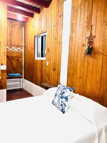 a bedroom with wooden walls and a bed with a pillow at Blue House in Puerto Escondido