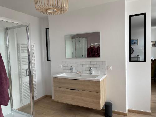 a bathroom with a sink and a mirror at La petite Irlande in Auderville