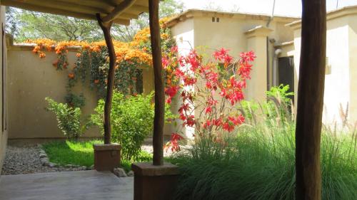 Salas的住宿－Los Faiques Ecolodge，一座花园,在一座建筑前种有红色花卉