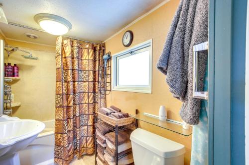 a bathroom with a toilet and a sink at Colorful Cottage with Hot Tub - Steps to Long Lake! in Campbellsport