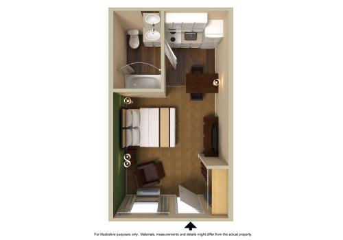 a 3d rendering of a small apartment with the floor plan at Extended Stay America Suites - Raleigh - North Raleigh - Wake Forest Road in Raleigh