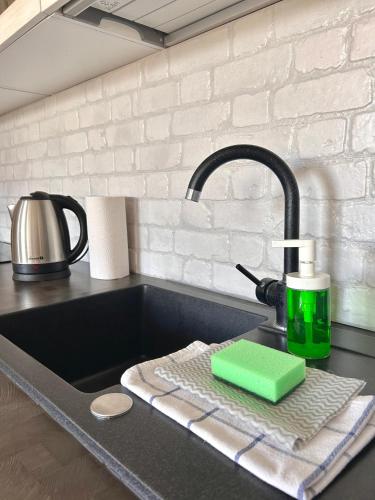 a kitchen sink with a green sponge on a towel at Apartamenty Golf Dyndeby in Neksø