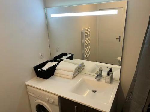 W łazience znajduje się biała umywalka i lustro. w obiekcie Calm in Tours - Appartement T2 w Tours