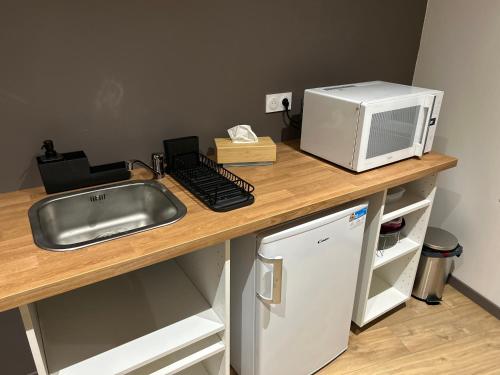 un comptoir de cuisine avec un évier et un micro-ondes dans l'établissement La Cigogne, à Panissières