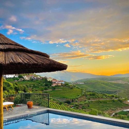 a villa with a swimming pool and a straw umbrella at Casa do Romezal in Peso da Régua