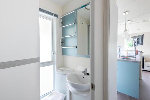 a white bathroom with a sink and a mirror at Mobil-home Excellence - 3 Chambres in Chaumont-sur-Loire