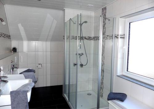 a bathroom with a glass shower and a sink at Ferienhaus Fischbachtal in Heimbach