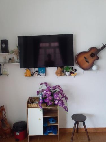a flat screen tv hanging on a wall with a plant at Lavender House in Ấp Kim Thạch