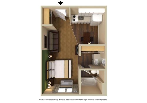 a floor plan of a small apartment with a bathroom at Extended Stay America Suites - Jacksonville - Deerwood Park in Jacksonville