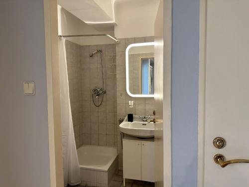 bagno con lavandino, servizi igienici e specchio di Prater Apartment - Loggia a Vienna