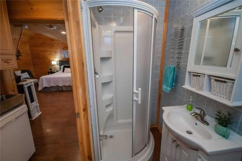 La salle de bains est pourvue d'une douche, d'un lavabo et d'un lit. dans l'établissement 3 Waterfront Cottages on Lake Sparrow - Sleeps 16, à Severn