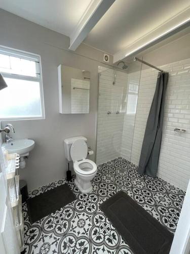 a bathroom with a toilet and a shower and a sink at The Cottage in Hermanus