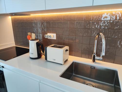 eine Küchentheke mit einer Spüle und einem Toaster in der Unterkunft Apartamento T3 junto à ria e ao mar! in Gafanha da Nazaré