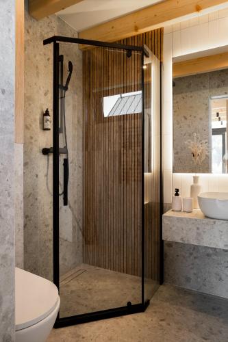 a bathroom with a shower with a toilet and a sink at NALAS domki z widokiem in Rabka