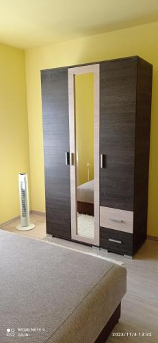 a bedroom with a large mirror on the wall at Liliom Apartman in Zalakaros