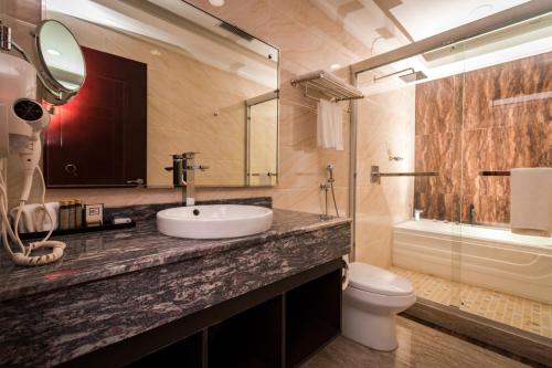 a bathroom with a sink and a toilet and a mirror at Hotel City Plaza & Suites in David