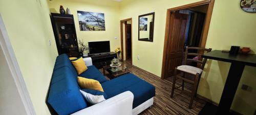 ein Wohnzimmer mit einem blauen Sofa in einem Zimmer in der Unterkunft Apartment Capt Seferovic in Donji Morinj