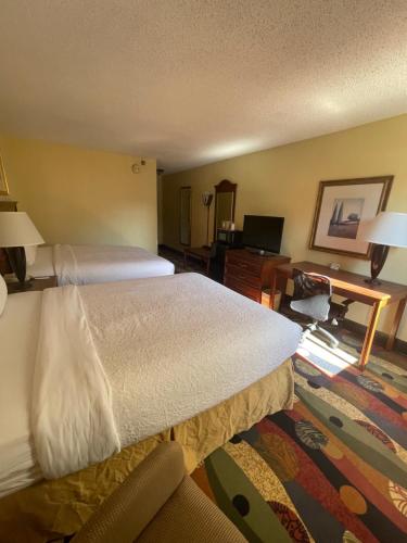 a hotel room with a large bed and a desk at Budgetel Inn & Suites Atlanta in Atlanta