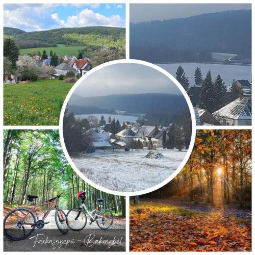 a collage of photos of a town and two bikes at Faház a fenyők alatt - Borostyánkút Wellness Home II Bakonybél in Bakonybél