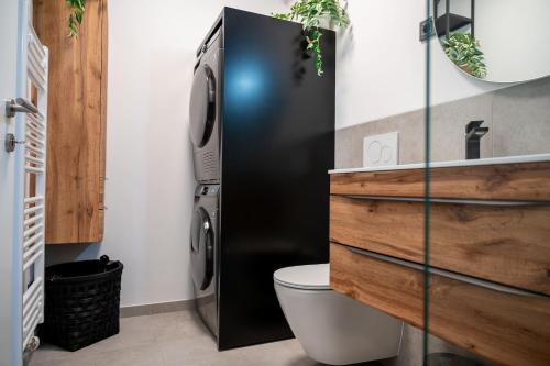 een zwarte koelkast in een badkamer met een toilet bij Unique apartment in Ljubljana in Ljubljana