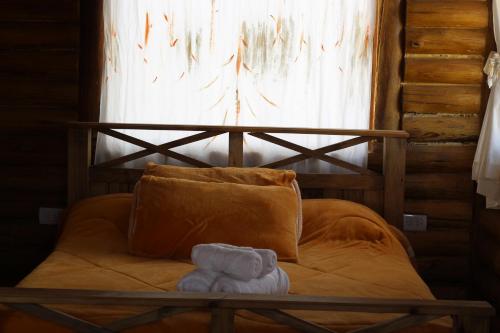 a bed with two towels on it in front of a window at Paramitas - cabañas y hostel de montaña in Uspallata