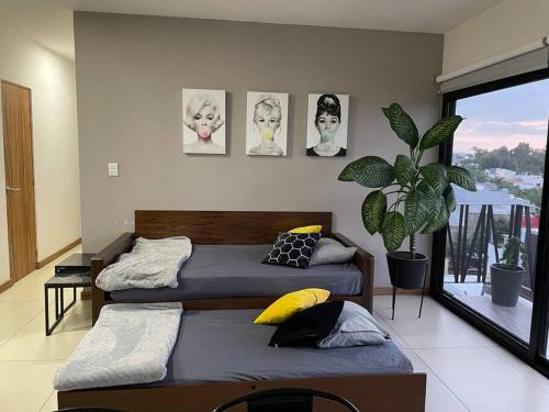 a bedroom with two beds and a potted plant at Brittania 601, cómodo, excelente ubicación in Guadalajara