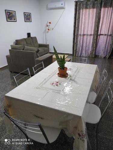 Biały stół z doniczką na górze w obiekcie Moderno y amplio apartamento con vista fantástica en pleno centro w mieście Ciudad del Este