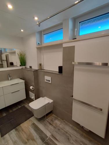 a bathroom with a toilet and a sink at Ferienhaus Alpenblick in Ermengerst