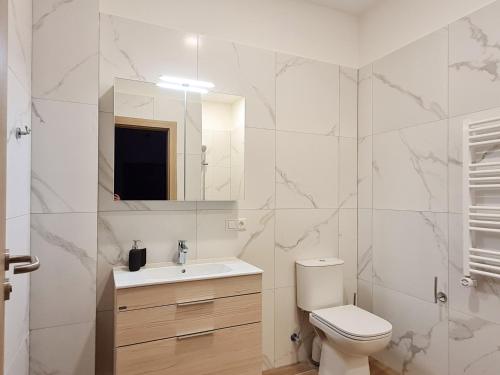 een badkamer met een toilet, een wastafel en een spiegel bij Miško Santorija in Ažuluokesa