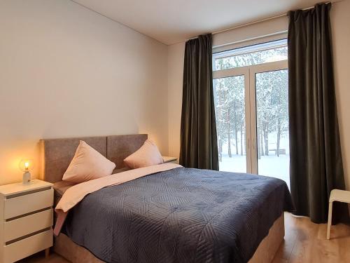 een slaapkamer met een bed en een groot raam bij Miško Santorija in Ažuluokesa