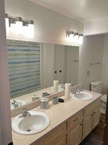 a bathroom with two sinks and a large mirror at 5BR House Close to Stadium/Downtown in Ann Arbor