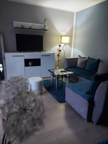 - un salon avec un canapé et une table dans l'établissement Quattro apartment, à Zaječar