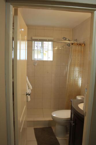Un baño con ducha, inodoro y lavabo. en Soleil Hartland Palms, en Priory