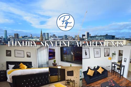 a bedroom with a bed and a view of a city at Penthouse - Amazing City Skyline Views - Balcony - FREE extra 2 hours - FREE Parking - Utilita Arena - Bullring Shopping - New St Station- Super King Size Bed in Birmingham
