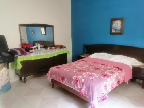 1 dormitorio con cama rosa y espejo en Casa céntrica antigua completa en Orizaba