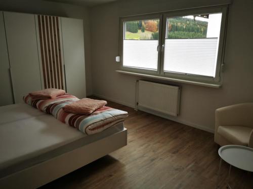 um quarto com uma cama com uma janela e um sofá em Ferienwohnung,Unterkunft Blick Rappenstein em Hausen am Tann