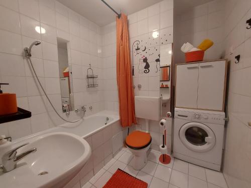 a bathroom with a sink and a washing machine at Zagreb apartment Toni in Zagreb