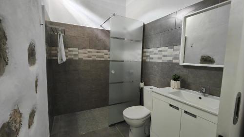 a bathroom with a white toilet and a sink at Casa Carlota in Hermigua