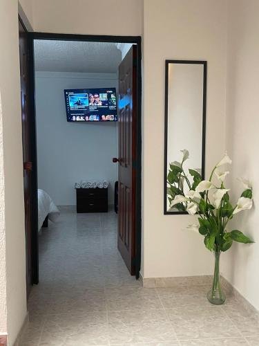 a hallway with a mirror and a vase of flowers at Apartamento para máx 5 personas, habitación privada con cama doble , habitación abierta con camarote y sofá cama, comodo, bonito, central, bien ubicado, en el centro de palmira in Palmira