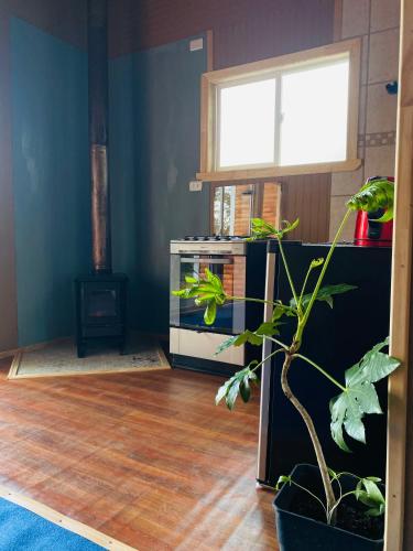 Tiny house في أنكود: غرفة معيشة مع أرضية خشبية وموقد