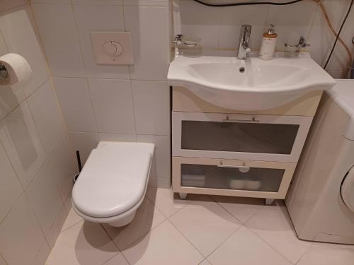 La salle de bains blanche est pourvue d'un lavabo et de toilettes. dans l'établissement Mali Plac Apartment, à Zagreb