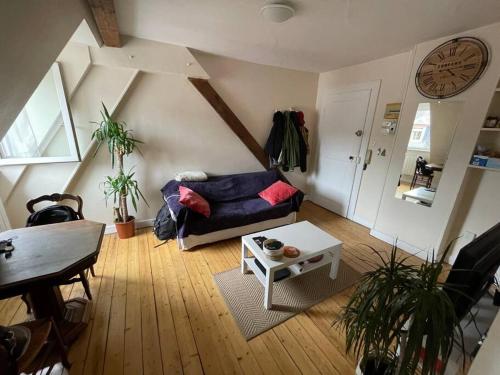 a living room with a couch and a clock on the wall at Joli 2 pièces - Krutenau Austerlitz in Strasbourg