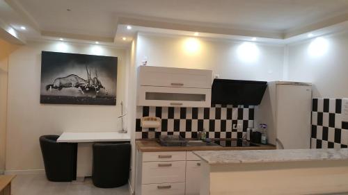 a kitchen with a sink and a microwave at Appartement in Düsseldorf Nähe Messe Flughafen in Düsseldorf