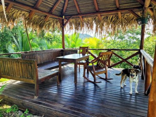 薩馬拉的住宿－Villa Martina Palmgarden，一只狗站在木甲板上,配有桌椅